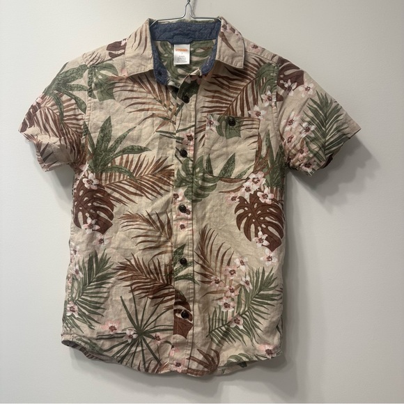 Gymboree Boys Size 7 Tropical Short Sleeve Linen Blend Shirt Tan Green Brown - Picture 1 of 5